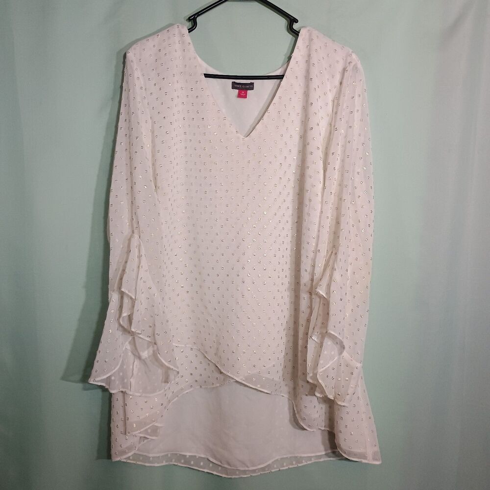 Women's White Swiss Dot Blouse V Neck Sheer Ruffle Sleeve Flowy Tunic Top